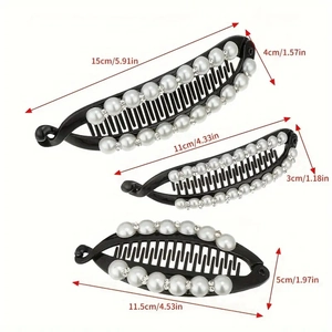 Three-piece set of black banana hair clips with pearls and rhinestones in various sizes