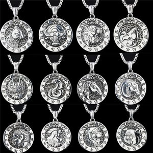 Vintage Chinese Zodiac Animal Pendant Necklace Titanium Steel Retro Round Relief Coin Necklace For Men Women Ethnic Jewelry