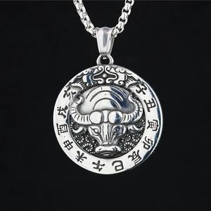 Vintage Chinese Zodiac Bull Pendant Necklace with Stainless Steel Box Chain