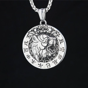 Retro stainless steel Chinese zodiac tiger pendant necklace with engraved medallions