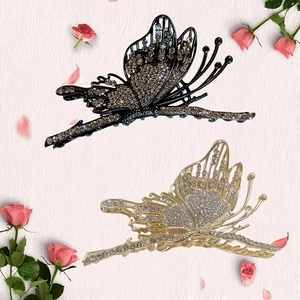 Pinzas para el pelo de mariposa de metal de 11 cm con diamantes en bronce y oro champán