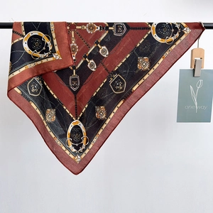 Elegant retro equestrian silk square scarf with red and gold chain print pattern