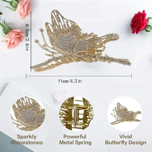 Elegante pinza de pelo mariposa dorada de 11cm con pedrería brillante y resorte de metal