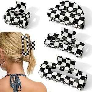 Schachbrettmuster Acryl Haarklammer Groß Retro Geometrisch Rutschfest Haarspangen Für Damen Täglicher Zubehör