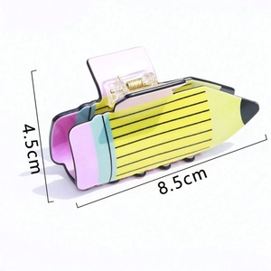 Pince à cheveux créative en forme de crayon jaune avec bout gomme rose, taille 8.5cm