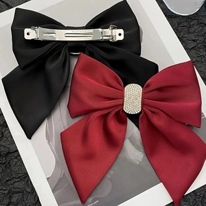 Barrettes à cheveux avec nœud français en satin noir et bordeaux avec strass et pince métal