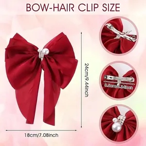Detailed size chart showing red bow hair clip with white pearls and spring clip dimensions