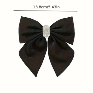 Barrette à cheveux nœud satin noir avec boucle strass ovale, grand modèle de 13,8 cm