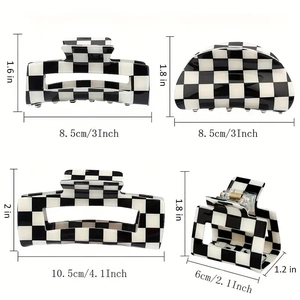 Schachbrett-Haarklammern Set in Schwarz-Weiß in verschiedenen Größen und Formen