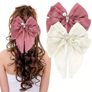 Large satin bow hair clip with pearl and rhinestones in pink and cream white