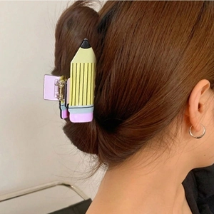 Grande pince à cheveux créative en forme de crayon jaune pour queue de cheval et chignon