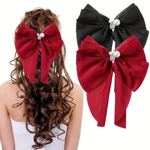 Large Satin Bow Hair Clip With Artificial Pearl And Rhinestone Elegant Long Ribbon Barrette For Women Girls