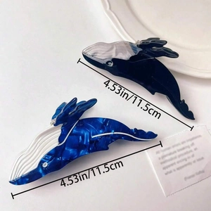 Due fermagli per capelli a forma di balena in acetato blu, tema mare, 11,5 cm