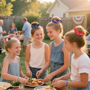 Haargummi und Armband Set mit USA-Flaggenmotiv getragen von Mädchen im Garten