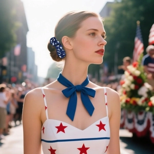 Nahaufnahme von Haargummi und Halsband mit US-Flaggenmotiv auf festlichem Outfit