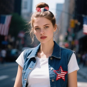 Detail von USA-Flaggen Haargummi und Stern-Stickerei auf einer Jeansjacken-Outfit