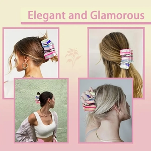 Detail showing colorful striped hair claw clip on various hairstyles for versatile hair styling