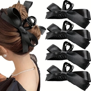 Elegant 11cm black satin double bow hair claw clips for sweet French vintage hairstyles
