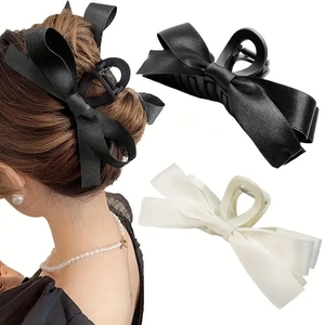 Elegant 11cm satin double bow hair claw clips in black and white colors for women