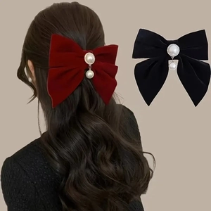 Elegant Velvet Bow Hair Clip With Artificial Pearl Pendant Rhinestone Decorative Spring Clip For Wedding Party Sweet Hair Accessory Women