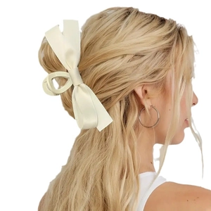 Elegant 11cm beige satin bow claw clip on blonde hair, stylish accessory for women