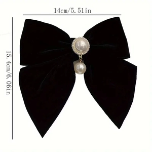 Elegant black velvet bow hair clip with pearl pendant for wedding or holiday accessories