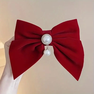 Elegant velvet wine red bow hair clip featuring a luxury pearl and rhinestone pendant