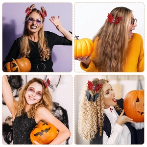 Detail showing red and black bat hair claws on models for Halloween party hairstyles