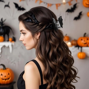 Detailed view of Halloween bat hair claw and leaf headband worn for festive party styling