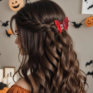 Red bat hair claw clip styled on a braided hairstyle for a Halloween party theme