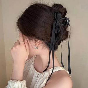 Elegante pinza per capelli con fiocco in nastro nero per acconciature stile francese