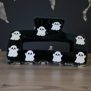 Dark style black hair claw clip with cute white ghost prints for Halloween party