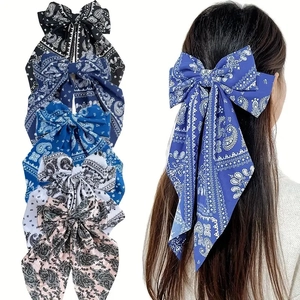 Vintage Paisley Print Large Bow Hair Clip With Long Streamers Bohemian Fabric Spring Clip Elegant Hair Accessories For Women Girls