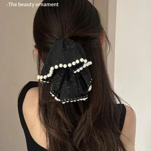 Élégante Pince à Cheveux Nœud Papillon Noir Avec Bord en Fausse Künstliche Perle Tissu Scintillant Barrettes pour Femmes Accessoires Cheveux