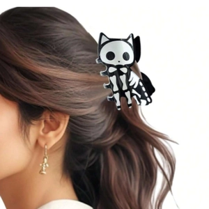 Pinza per capelli a forma di gatto teschio bianco e nero per acconciature di Halloween