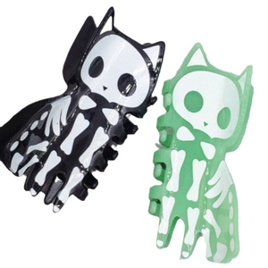 Pinze per capelli a gatto teschio gotico in nero e verde fluorescente per Halloween