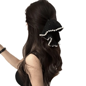 Pince à cheveux nœud en tissu noir de 4cm avec perles blanches pour coiffure style français