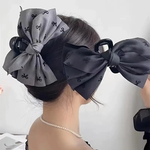 French Vintage Large Bow Hair Claw Clip With Bow Embroidery Grey Black Fabric Shark Clip Elegant Hair Accessory For Women