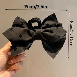 Large black fabric bow hair claw clip with bow patterns, 19cm wide vintage style