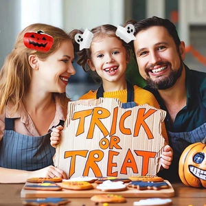 Halloween pumpkin and ghost plush hair clips for women and girls in a festive scene