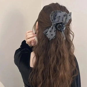 French vintage grey bow hair claw clip for high ponytail styling with black embroidery