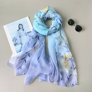 Elegant gradient blue floral scarf in lightweight chiffon for women, 2025 long style