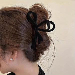 Elegant large black velvet bow hair claw clip for women in vintage French style