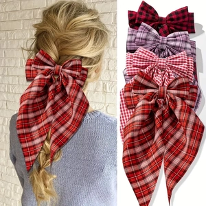 Large Plaid Bow Hair Clip With Long Streamers For Women Girls French Style Checkered Spring Clip Christmas Hair Accessory