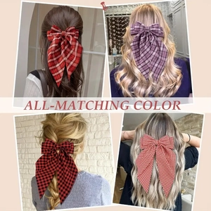 Red plaid bow hair clips with long ribbons for elegant ponytail and back head styling