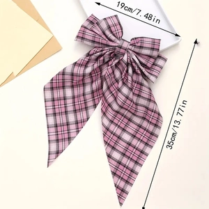 Pink and black plaid oversized bow hair clip with long ribbons for JK style fashion