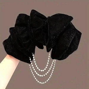 Barrette nœud géant en velours noir avec chaînes de perles pour mariage et fêtes