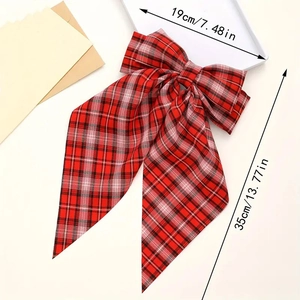 Large red plaid bow hair clip with long tails, 35cm length, elegant tartan hair accessory