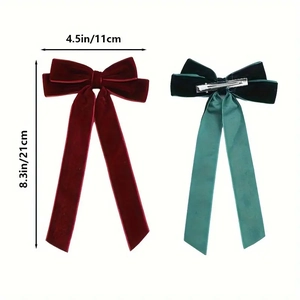 Red and green velvet long ribbon bow hair clips with silver metal duckbill clips