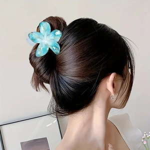 Pinza per capelli a giglio 8cm in marmo sfumato blu-verde con dettagli dorati per donna